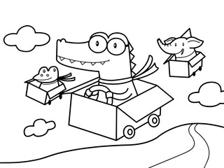 Crocodile fly in a box with elephant and frog