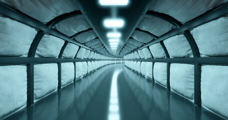 3d rendering. Long corridor with walls of swollen or puffy fabric in bright neon lighting. Futuristic interior.