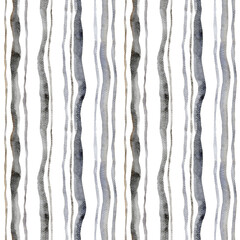 Gray brown watercolor brush strokes  on a white background. Seamless stripped pattern. Hand drawn wallpaper texture. Modern fabric design