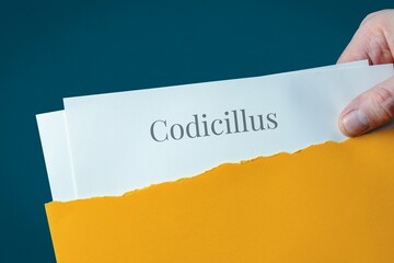 Codicillus. Hand opens envelope and takes out documents. Post letter labeled with text