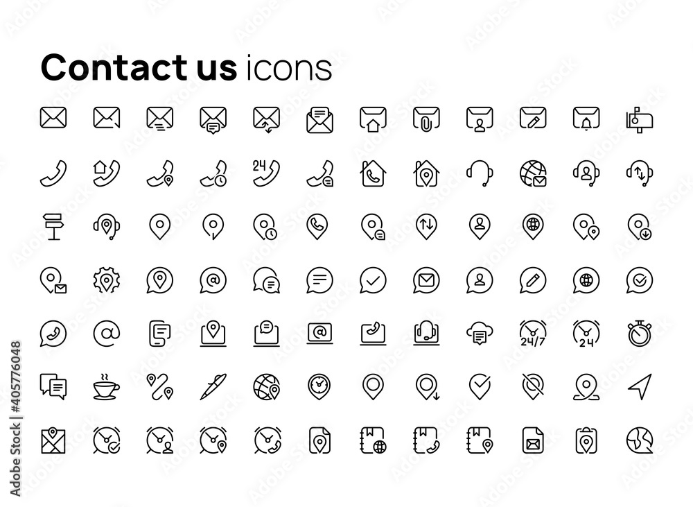 Poster contact us. high quality concepts of linear minimalistic flat vector icon set for web sites, interfa