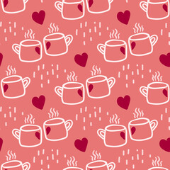 Valentines Day theme doodle Vector seamless pattern of hand drawn two cups of tea of coffee with heart shape.
