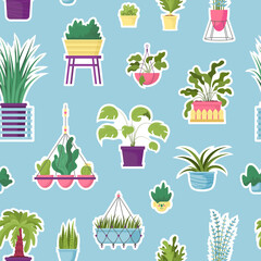 Vector seamless pattern with colorful textured house potted plants. Botanical natural fabric design, wrapping paper, textile, texture. Palm tree, hanging flower, aloe, monstera. Urban jungle garden
