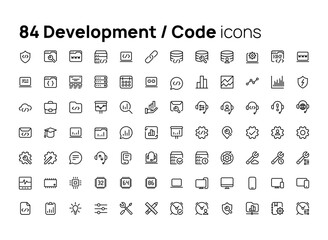 Development, code. High quality concepts of linear minimalistic flat vector icons set for web sites, interface of mobile applications and design of printed products.