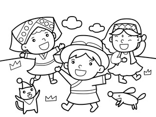 Girls from different tribes play together without color for color book