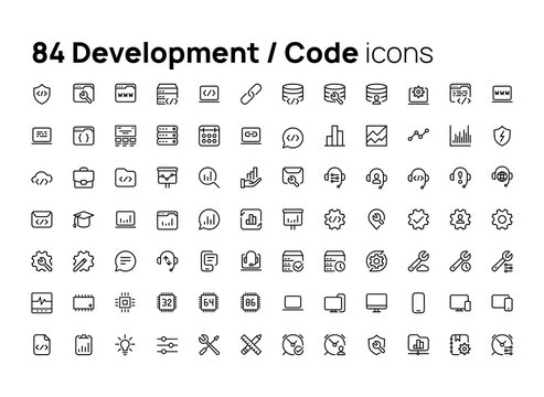 Development, code. High quality concepts of linear minimalistic flat vector icons set for web sites, interface of mobile applications and design of printed products.