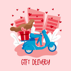Contactless Valentines day delivery coronavirus online shopping concept. Girl courier in medical mask delivers box on scooter. Non contact shipping, Valentine Gift delivery service vector illustration
