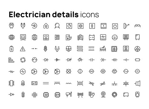 Electricians details. High quality concepts of linear minimalistic vector flat icons set for web sites, interface of mobile applications and design of printed products.