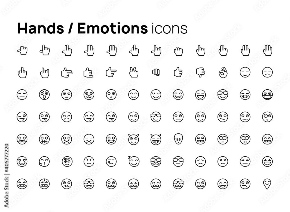 Poster hands and emotions. high quality concepts of linear minimalistic vector icons set for web sites, int