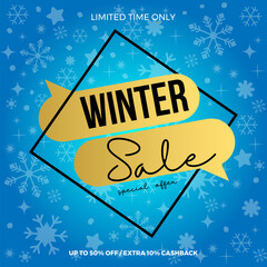 Winter sale banner illustration, snowflakes on abstract blue pattern background eps 10