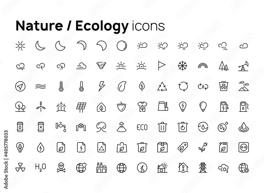 Poster nature and ecology. high quality concepts of linear minimalistic vector flat icons set for web sites