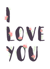 Female Lettering texta with Pink Flowers. Hand made violet ink font. Hand drawn Letters written with a brush. Trendy Wedding vector illustration