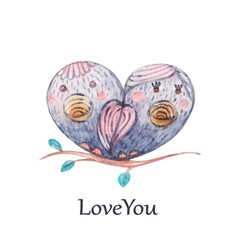 Watercolor poster bird couple sitting together on branch. Love you. Cute vector cartoon.
