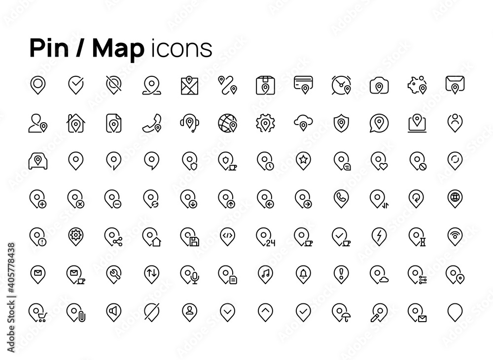 Poster pin map labels. high quality concepts of linear minimalistic flat vector icons set for web sites, in