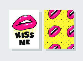 Set of Cards with Sexy Female Lips with Gloss Pink Lipstick. Pop Art Style Vector Fashion Illustration Woman Mouth. Gestures Collection Expressing Different Emotions