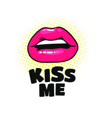 Sexy Female Lips with Gloss Red Lipstick and Text. Pop Art Style Vector Fashion Illustration Woman Mouth and Quote. Gestures Collection Expressing Different Emotions