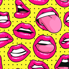 Seamless Pattern with Sexy Female Lips with Gloss Pink Lipstick. Pop Art Style Vector Fashion Illustration Woman Mouth. Gestures Collection Expressing Different Emotions