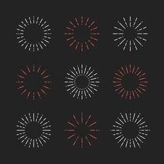 Fototapeta premium Set of Vintage Sunbursts in Different Shapes. Trendy Hand Drawn Retro Bursting Rays Design Elements. Hipster Vector illustration