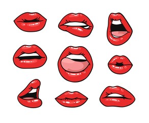 Sexy Female Lips with Gloss Red Lipstick. Pop Art Style Vector Fashion Illustration Woman Mouth. Gestures Collection Expressing Different Emotions