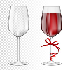 Set of two glasses empty and with red wine and bow, isolated.