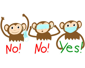 Doodle vector illustration of three monkeys wearing face masks. Social advertising poster concept during COVID 19. The correct way to wear a medical mask during coronavirus pandemic