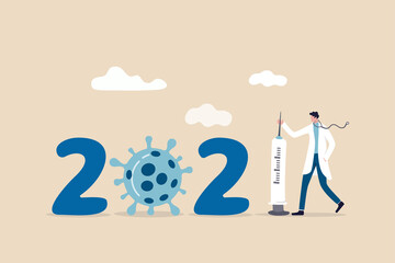 Coronavirus vaccination in year 2021, year of COVID-19 successfully developed concept, doctor or medical staff stand with vaccine syringe and virus pathogen combine to be year number 2021.