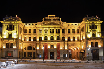 Lithuanian National Philharmonic in Vilnius, night view with snow