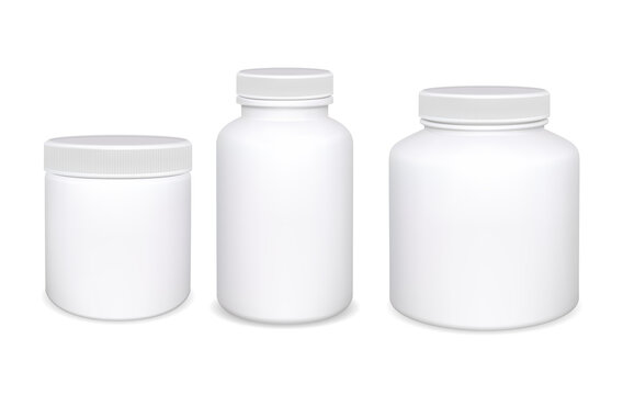 Plastic bottle isolated. White Supplement pill bottles. Medicine jar template without label. Medical or pharmaceutical containerwith cap for prescription tablet. Powder can mock up. Realistic round