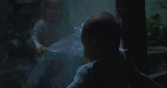 A little baby is standing by a window watching his preschooler sibling spray water towards him