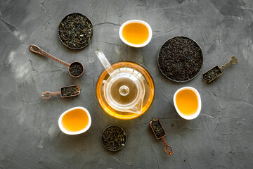 Set of dry leaf tea, overhead view. Asian tea concept