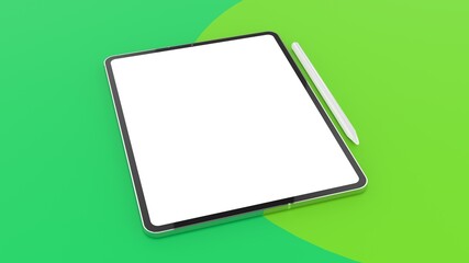 Clay tablet computer and pen similar to Apple iPad Pro 12.9 and pen perspective view horizontal mockup on Medium Lime Green background.