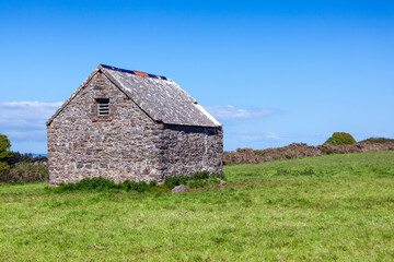 Fototapeta na wymiar Stone barn shed in a summer pasture field on Caldey Island of the coast of Tenby Pembrokeshire South Wales, stock photo image