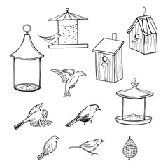 Hand drawn bird feeders, birdhouses and birds.