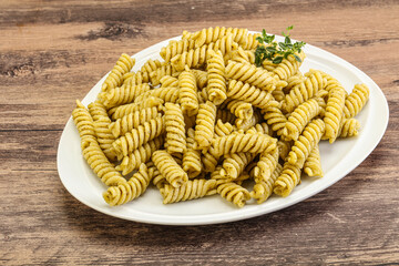 Italian pasta Fusilli with pesto