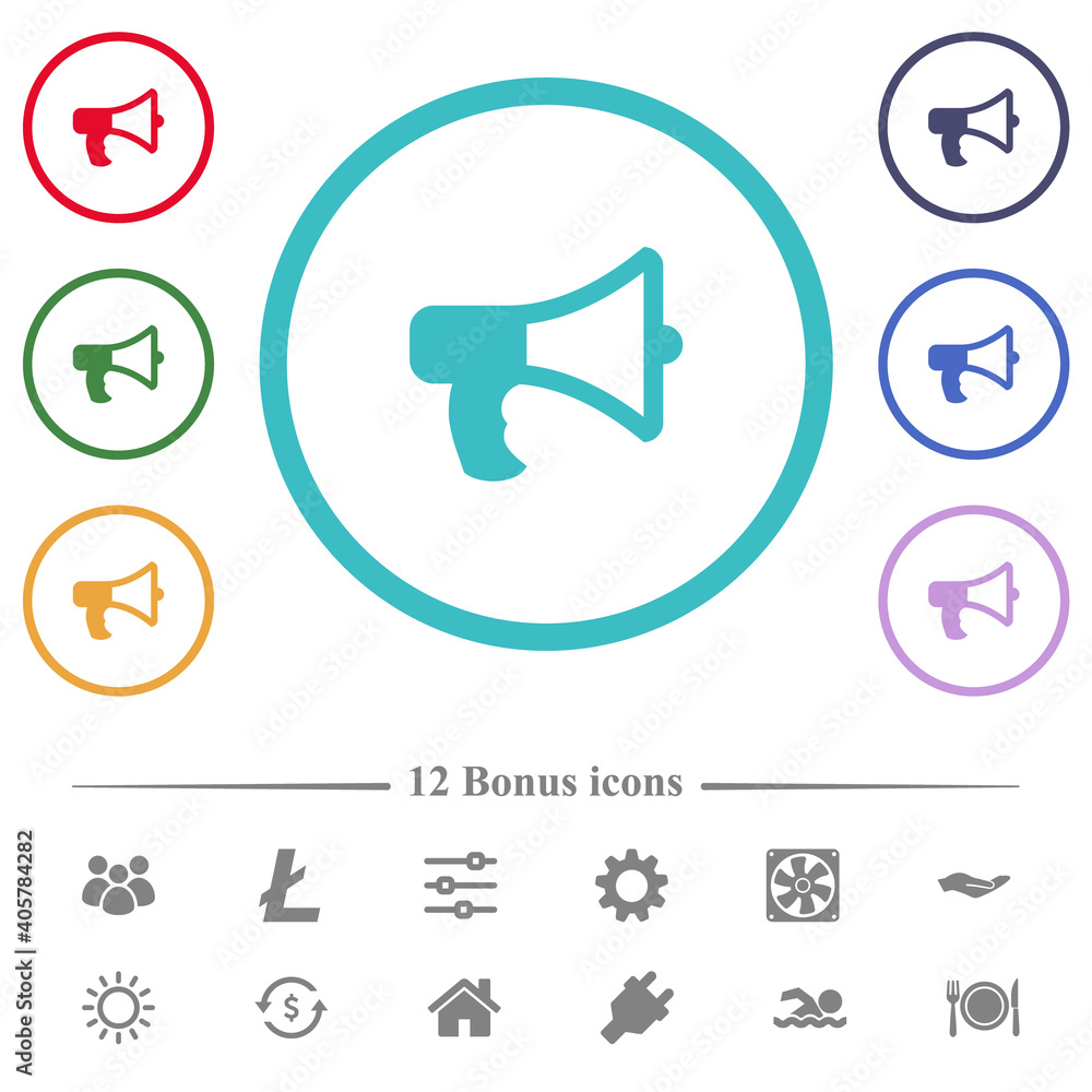 Poster megaphone flat color icons in circle shape outlines