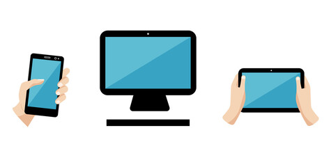 Gadgets, smartphone in hand, tablet in hand, desktop computer. Colored flat illustration. Can be used in infographics, as icons, or for illustrating any processes, for decorating banners, flyers.