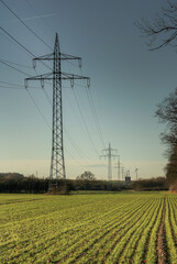 Hochspannungsleitung auf dem Feld. Stromtrasse zu Horizont.