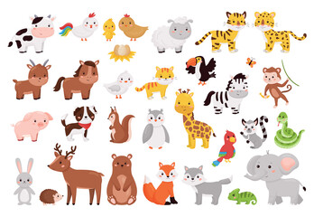 Cartoon animals and birds collection. Cute jungle, forest and farm animals set isolated on white background. Vector illustration for children education.