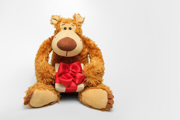 Teddy bear with a gift in his hands