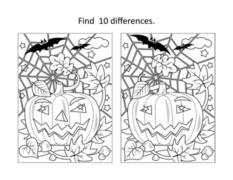 Halloween pumpkin find the differences picture puzzle and coloring page
