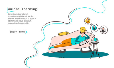 Online learning, flat doodle style. The woman sits at home and works or studies over the Internet. Distance learning concept. Vector linear illustration