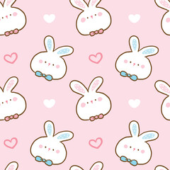 Seamless Pattern with Cartoon Rabbit Face and Heart Design on Pink Background