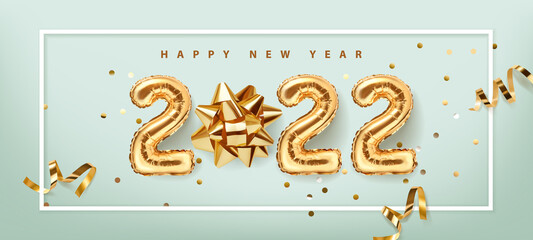 2022 golden decoration holiday on blue background. Gold foil balloons numeral 2022 with realistic festive objects,, glitter gold confetti and serpentine. Shiny party background. Horizontal banner - obrazy, fototapety, plakaty