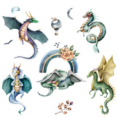 Set of fairytale Dragons. Hand drawn watercolor cute mythology cartoon isolated illustration on white background - 405786420