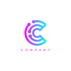 C letter with line and dots vector logo template with gradient colors