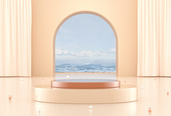 Pastel colors 3d podium for cosmetic products showcase. 3d background for branding and product presentation. Big arch window with sea view and podium, pedestal, round stage. 3d rendering. - obrazy, fototapety, plakaty