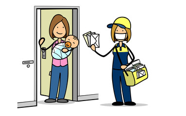 Postbotin mit Mundschutz stellt Briefe an Wohnung mit Mutter zu