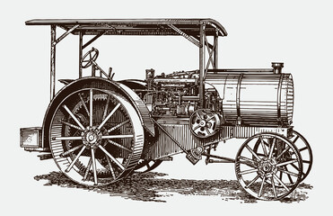 Light antique tractor, after engraving from early 20c.