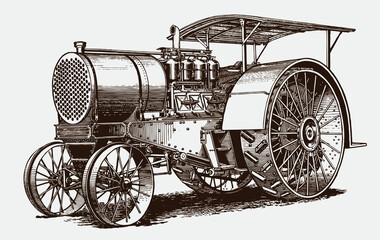Fototapeta na wymiar Huge antique tractor in three-quarter front view, after engraving from early 20c.