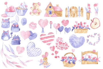 Valentine's Day pattern. Sweet and Romantic. All items. Watercolor